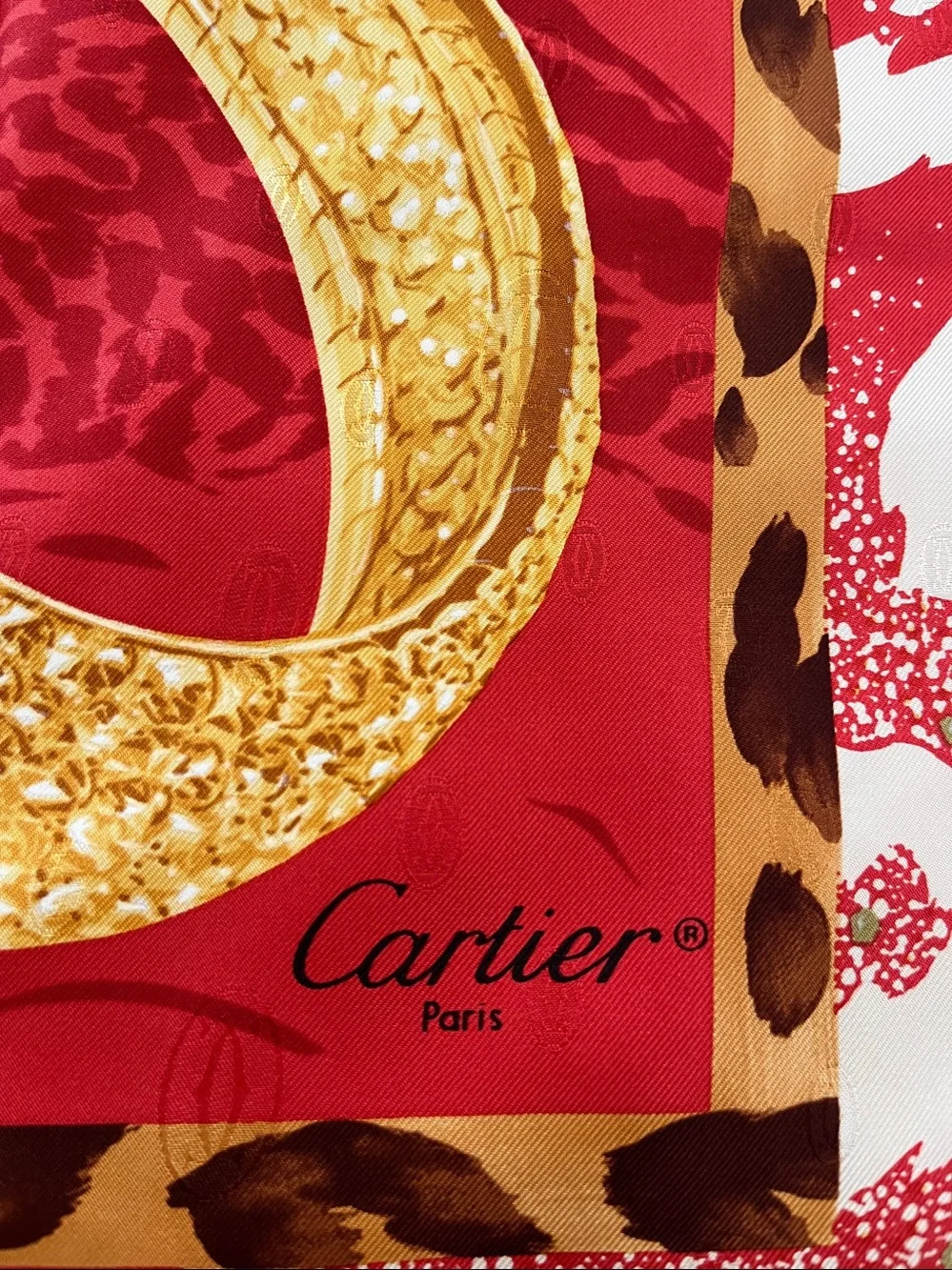 Cartier Red & Gold Silk Scarf with Leopard Motif
